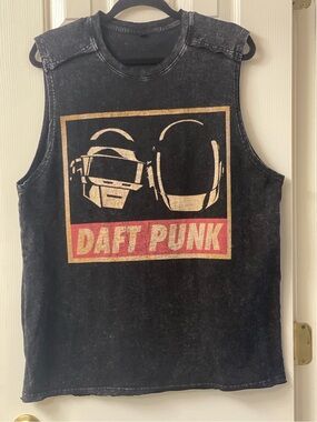 Daft Punk Helmet Duo Black Acid Wash Sleeveless Crew Neck Tank Size Large